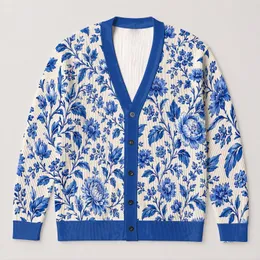 Blue And White Floral Botanical Style For Winter Layering And Everyday Casual Wear All-over Print Knitted Cardigan