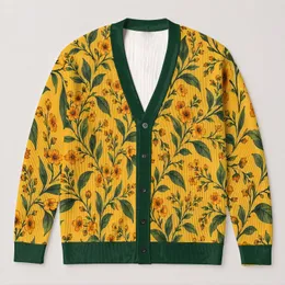 Golden Wildflower Vines for Relaxed Fall Layering, A Thoughtful Gift for Botanical Lovers All-over Print Knitted Cardigan