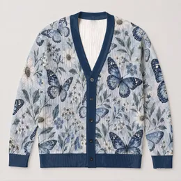 Blue Butterfly Wildflower Motifs for Relaxed Spring Layering Women’s Casual Style All-over Print Knitted Cardigan