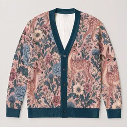Floral Deer Bird Garden Motif for Relaxed Everyday Layering, Women’s Blue Pink Style All-over Print Knitted Cardigan