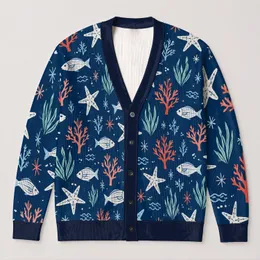 Navy Sea Life Fish Starfish Coral Motif for Casual Coastal Layering, Women's Style All-over Print Knitted Cardigan