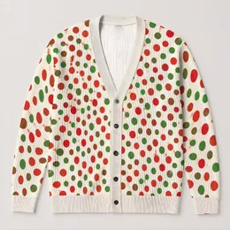 Red Green Polka Dot Everyday Layering Style For Women Spring Autumn Weekend Casual Wear All-over Print Knitted Cardigan