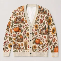 Autumn Pumpkin Cottage Harvest Motifs for Thanksgiving Gatherings and Cozy Layering All-over Print Knitted Cardigan
