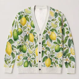 Green Citrus Lemon Lime Motifs for Fresh Casual Layering and Garden-Inspired Style All-over Print Knitted Cardigan
