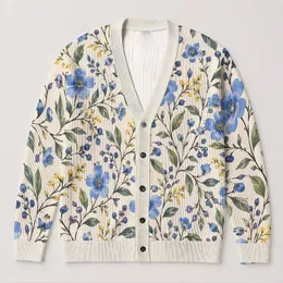 Blue Wildflower And Green Foliage Motif For Everyday Layering, Women's Plus Size All-over Print Knitted Cardigan