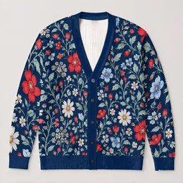 Navy Red Botanical Blooms For Everyday Layering And Autumn Gatherings For Modern Women All-over Print Knitted Cardigan