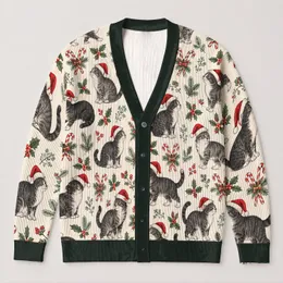 Santa Hat Cat Motifs And Candy Canes For Cozy Christmas Holiday Celebrations For Women All-over Print Knitted Cardigan