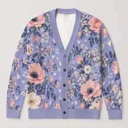 Pastel Lavender Floral Blooms for Spring Layering and Everyday Casual Style for Women All-over Print Knitted Cardigan