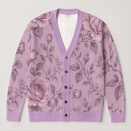 Lavender Rose And Leaf Botanical Motif For Everyday Layering, Feminine Gifts For Women All-over Print Knitted Cardigan