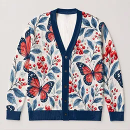 Red Butterflies and Blue Botanical Berries for Cozy Office Layering, Women's Plus Size All-over Print Knitted Cardigan
