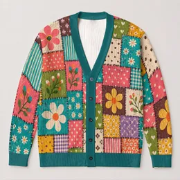 Colorful Patchwork Florals For Everyday Layering And Commuting, Women’s Casual Style All-over Print Knitted Cardigan