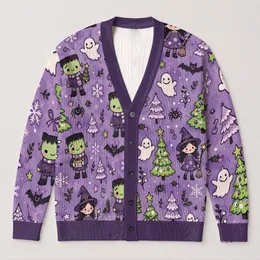 Friendly Monster Holiday Scene for Cozy Winter Gatherings and Playful Everyday Style All-over Print Knitted Cardigan