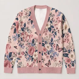 Vintage Roses, Butterflies And Ribbon Bows For Romantic Everyday Layering, Women All-over Print Knitted Cardigan