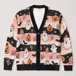 Pink Ghost Pumpkin Halloween Leaves for Cozy Autumn Layering and Party Style Outfits All-over Print Knitted Cardigan