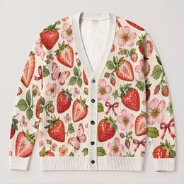 Strawberry Floral Charm for Sweet Spring Layering, Garden Days, and Casual Style Outings All-over Print Knitted Cardigan