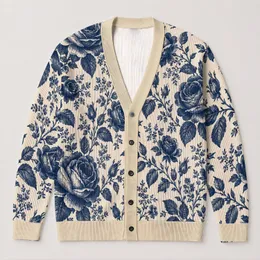 Navy Rose Botanical Elegance for Cozy Autumn Layering, Women’s Vintage Floral Style All-over Print Knitted Cardigan