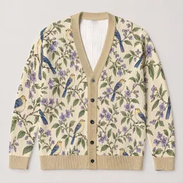 Birds And Violet Blooms For Relaxed Autumn Layering, Botanical Nature Lover Style All-over Print Knitted Cardigan