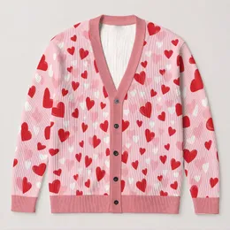 Red and White Heart Motif for Valentine's Day Layering and Casual Women's Outfits All-over Print Knitted Cardigan