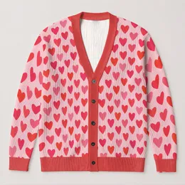 Coral Heart Motif Valentine's Day Casual Layering Women's Autumn Winter Gift Style All-over Print Knitted Cardigan