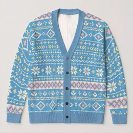Pastel Nordic Geometric Motifs for Casual Layering and Everyday Travel Wear Women All-over Print Knitted Cardigan