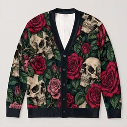 Skull And Rose Vintage Gothic Blooms For Autumn Layering Women Dark Romantic Style All-over Print Knitted Cardigan