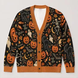 Vintage Halloween Pumpkins, Cats and Bats for Autumn Parties and Casual Layering Style All-over Print Knitted Cardigan