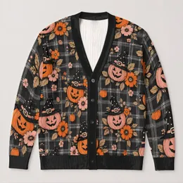 Halloween Pumpkin Witch Hat Floral Autumn Style for Women Cozy Everyday Layering All-over Print Knitted Cardigan