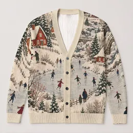 Snowy Village Skaters Winter Scene For Cozy Holiday Layering, Women’s Autumn Style All-over Print Knitted Cardigan