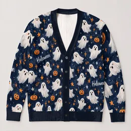 Cute Spooky Ghosts and Pumpkins for Halloween Parties and Cozy Fall Layering for Women All-over Print Knitted Cardigan