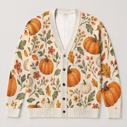 Pumpkins And Wildflowers For Cozy Autumn Layering At Thanksgiving Gatherings For Women All-over Print Knitted Cardigan