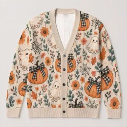 Pumpkins, Ghosts And Floral Bows For Cozy Autumn Halloween Gatherings And Layering All-over Print Knitted Cardigan