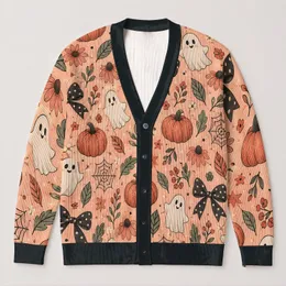 Pumpkins, Ghosts And Bows For Cozy Halloween Gatherings And Autumn Everyday Wear All-over Print Knitted Cardigan