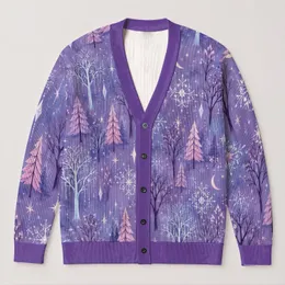 Whimsical Lavender Winter Forest with Pastel Trees for Cozy Snowy Day Layering Outdoors All-over Print Knitted Cardigan