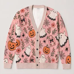 Cute Ghosts And Pumpkins For Cozy Autumn Halloween Seasonal Style For Plus Size Women All-over Print Knitted Cardigan
