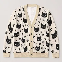 Black Cat and Paw Motifs for Cozy Autumn Layering and Relaxed Women's Everyday Style All-over Print Knitted Cardigan