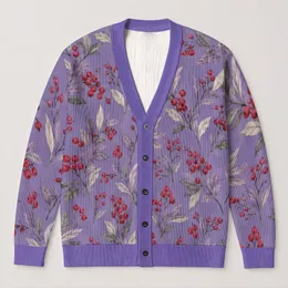 Lavender Berry Botanical Sprigs For Breezy Spring Layering, Women’s Everyday Style All-over Print Knitted Cardigan