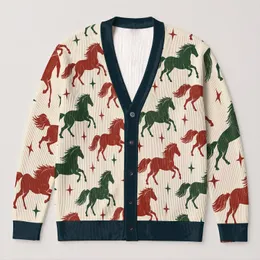 Vintage Red And Green Galloping Horses For Year Of The Horse Casual Everyday Style Women All-over Print Knitted Cardigan