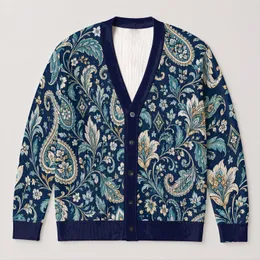 Navy Paisley Floral Boho Style For Everyday Office Travel And Seasonal Layering Wear All-over Print Knitted Cardigan