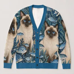 Blue-Eyed Siamese Cats with Ocean Fish for Playful Everyday Layering and Gifting All-over Print Knitted Cardigan
