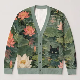 Black Cat Lotus Pond Scene For Relaxed Layering And Everyday Nature-Inspired Style All-over Print Knitted Cardigan