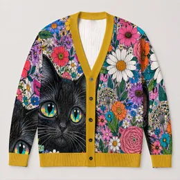 Black Cat Floral Bloom Eye Motif for Colorful Everyday Layering and Relaxed Casual Style All-over Print Knitted Cardigan