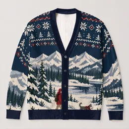 Snowy Red-Coat Walker and Dog Winter Scene for Cozy Casual Holiday Layering Outdoors All-over Print Knitted Cardigan