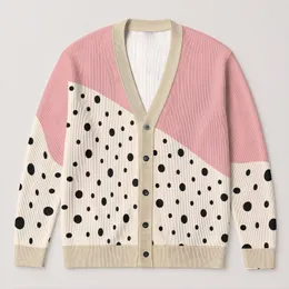 Dusty Pink Cream Polka Dot Color Block for Casual Autumn Layering Women’s Everyday Style All-over Print Knitted Cardigan