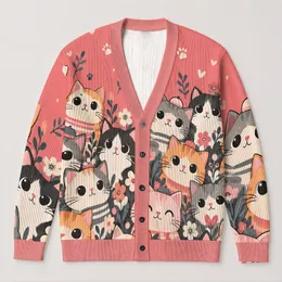 Playful Cat Faces For Cozy Spring And Fall Layering, Women's Everyday Casual Style All-over Print Knitted Cardigan