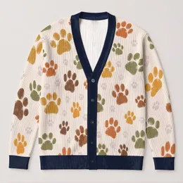 Colorful Cat Paw Motifs for Cozy Campus Layers and Pet-Friendly Weekend Outfits All-over Print Knitted Cardigan