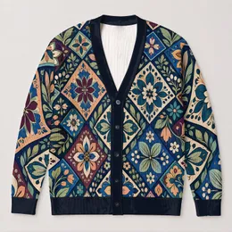 Bohemian Patchwork Florals for Autumn Layering, Rich Color and Vintage Everyday Style All-over Print Knitted Cardigan