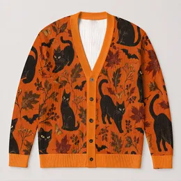 Black Cat Autumn Foliage for Cozy Fall Layering, Playful Halloween Gift Idea for Her All-over Print Knitted Cardigan