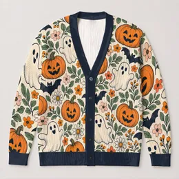 Pumpkin Bat Ghosts And Wildflowers For Cozy Autumn Outings, Halloween Fans, Women All-over Print Knitted Cardigan
