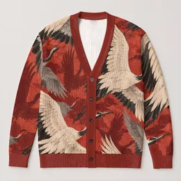 Coral Crane Motif Layering Piece for Autumn Outings and Relaxed Everyday Wardrobes All-over Print Knitted Cardigan