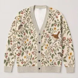 Botanical Songbird Meadow Motifs for Everyday Layering and Cottagecore Weekend Style All-over Print Knitted Cardigan